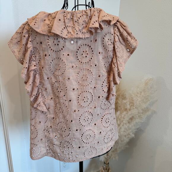 Grade & Gather Blush Pink Eyelet Lace Ruffle Flutter Sleeve Cotton Blouse Small - Picture 2 of 7